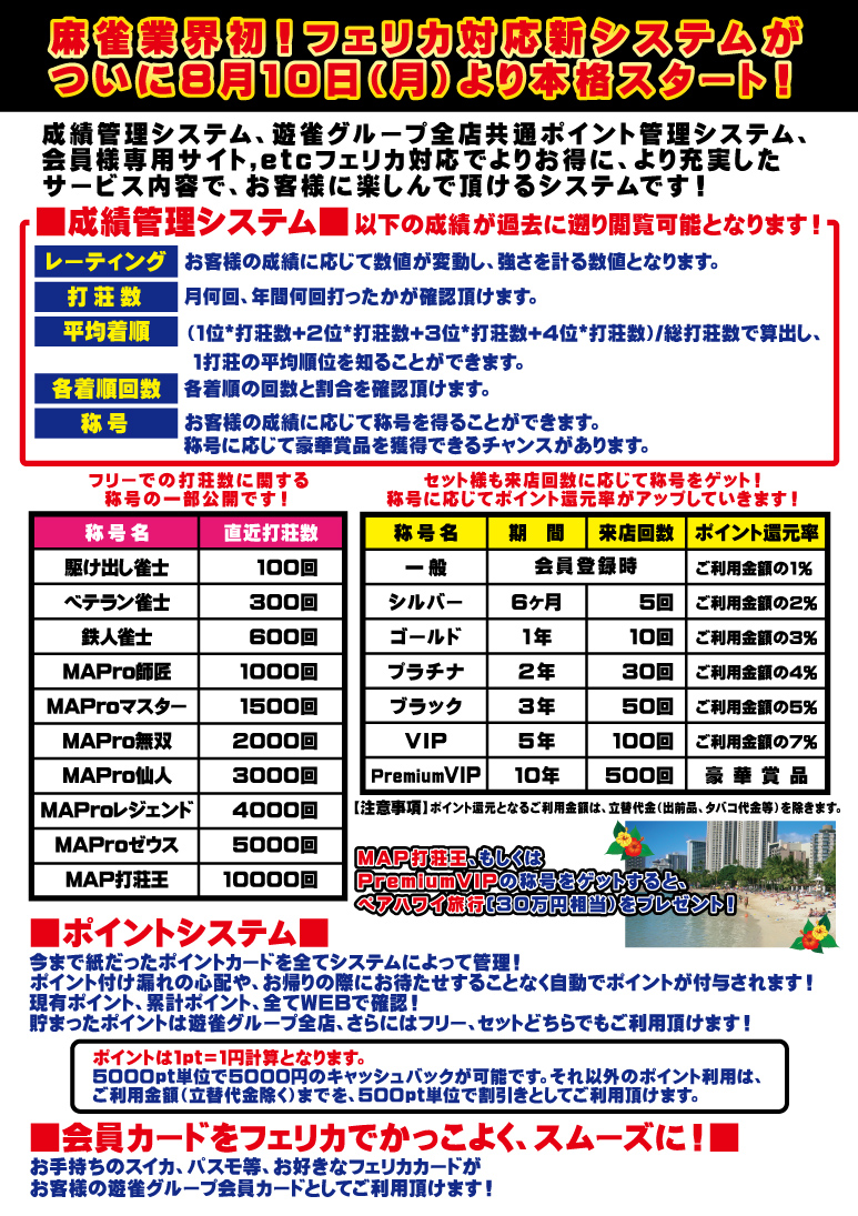 麻雀業界初!フェリカ対応成績ポイント管理システムを導入!